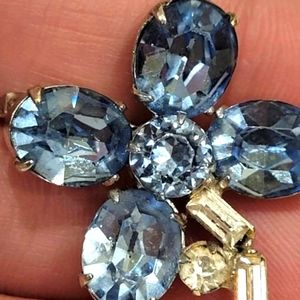 Bellini Designer Brooch, Four Leaf Clover, Blue Rhinestone, Silvertone, Safety C